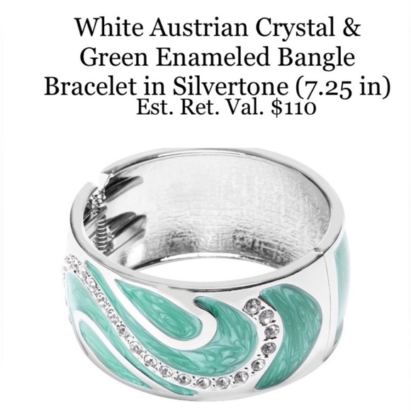 Unbrand Jewelry - Silvertone Green Enameled Bangle Bracelet with White Austrian Crystals